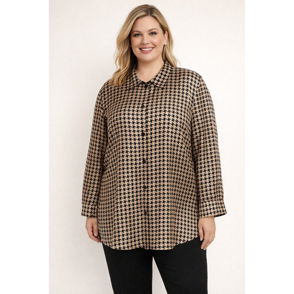 Silkland Black & Tan Pure Silk Houndstooth Shacket Jacket Button Career 2x